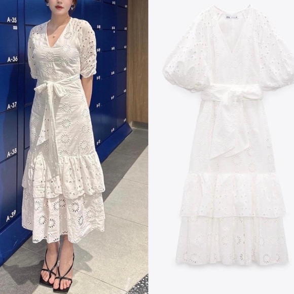 White Judge Collar Balloon Sleeve Lined Belted Embroidered Dress BCHESQ-251043 - Strood main image 1